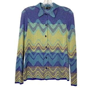 NWOT MISSONI SPORT ITALY Cardigan M Chevron Knit Blue-Yellow Multi Long-Sl Buton
